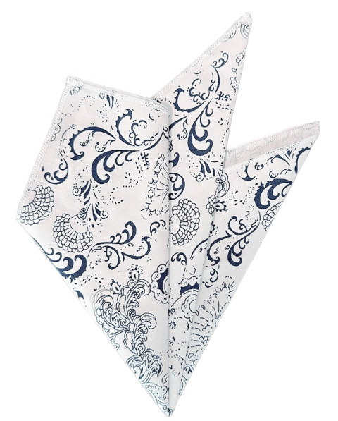 White pocket square with navy blue patterns